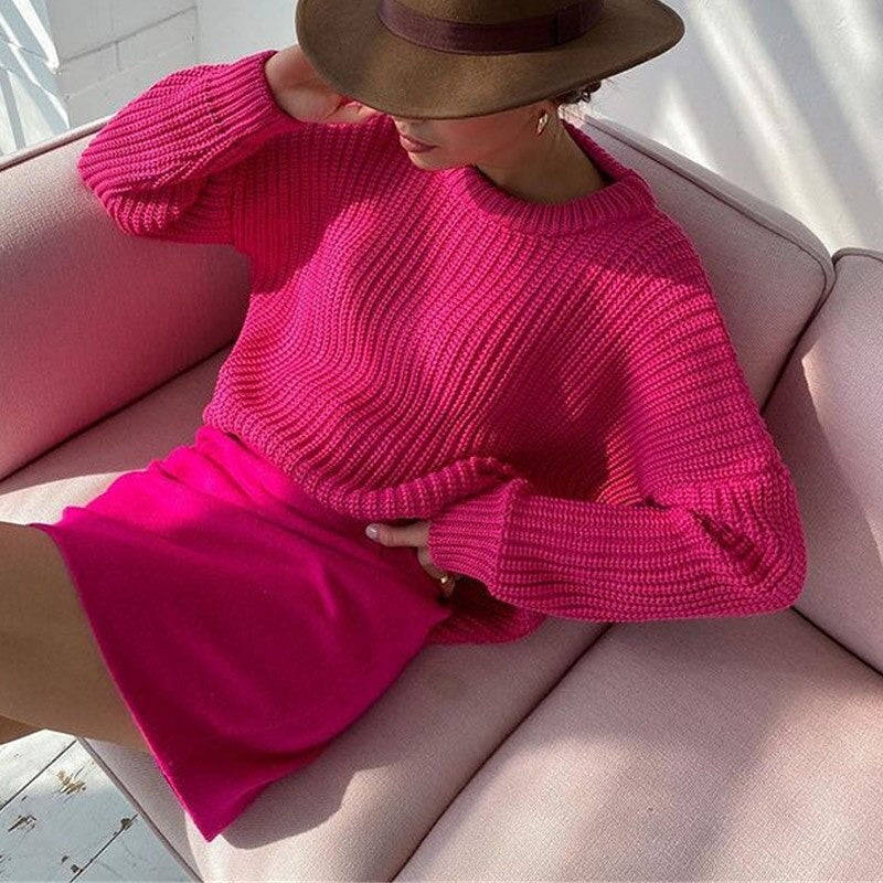 Coco Round Neckline Ribbed oversized Sweater Sweater Hot Pink / S
