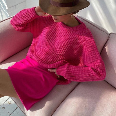 Coco Round Neckline Ribbed oversized Sweater Sweater Hot Pink / S