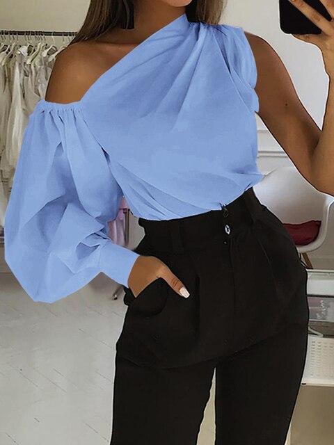 Coco Boundless Beauty One-Shoulder Lantern Sleeve Blouse Tops Blue / S