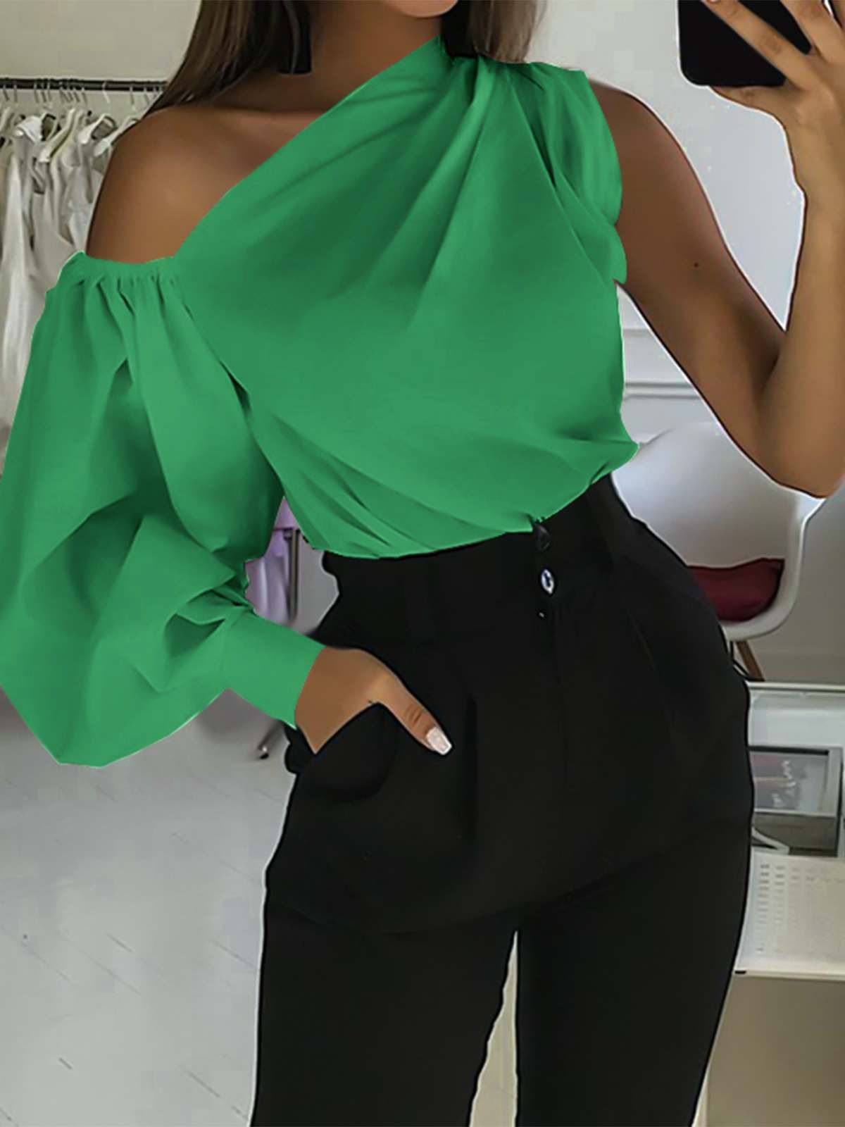 Coco Boundless Beauty One-Shoulder Lantern Sleeve Blouse Tops Green / S
