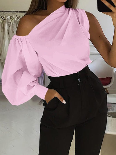 Coco Boundless Beauty One-Shoulder Lantern Sleeve Blouse Tops Pink / S