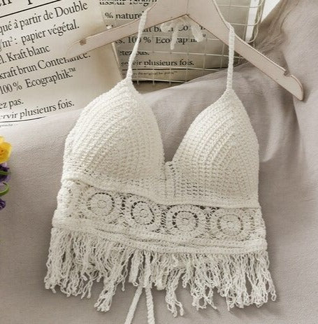Coco Beach Please Crochet Halter Crop Top Tops White / One-Size