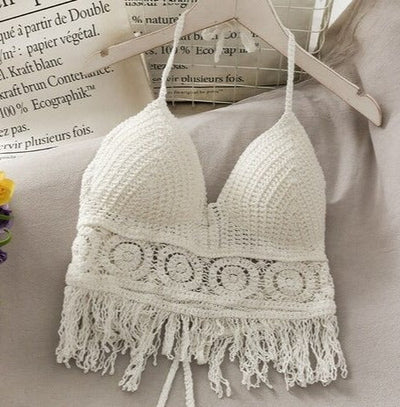 Coco Beach Please Crochet Halter Crop Top Tops White / One-Size