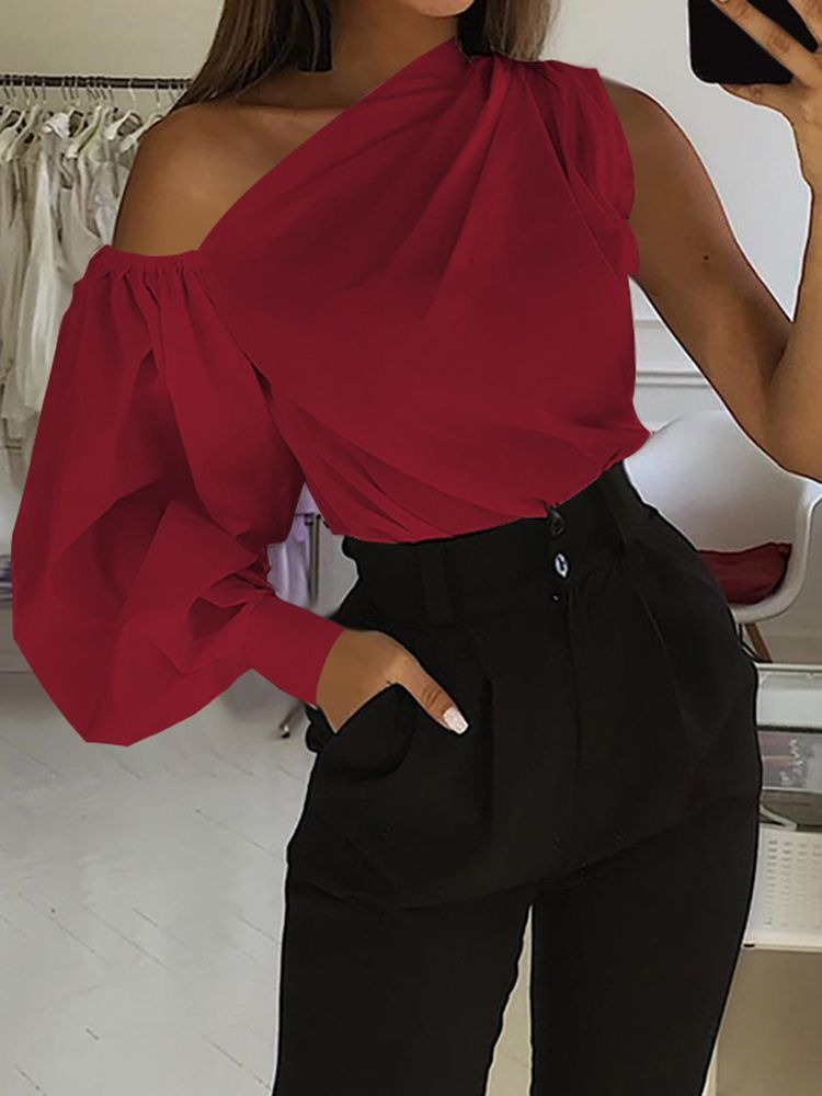 Coco Boundless Beauty One-Shoulder Lantern Sleeve Blouse Tops Wine / S