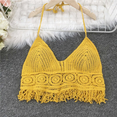 Coco Beach Please Crochet Halter Crop Top Tops Yellow / One-Size