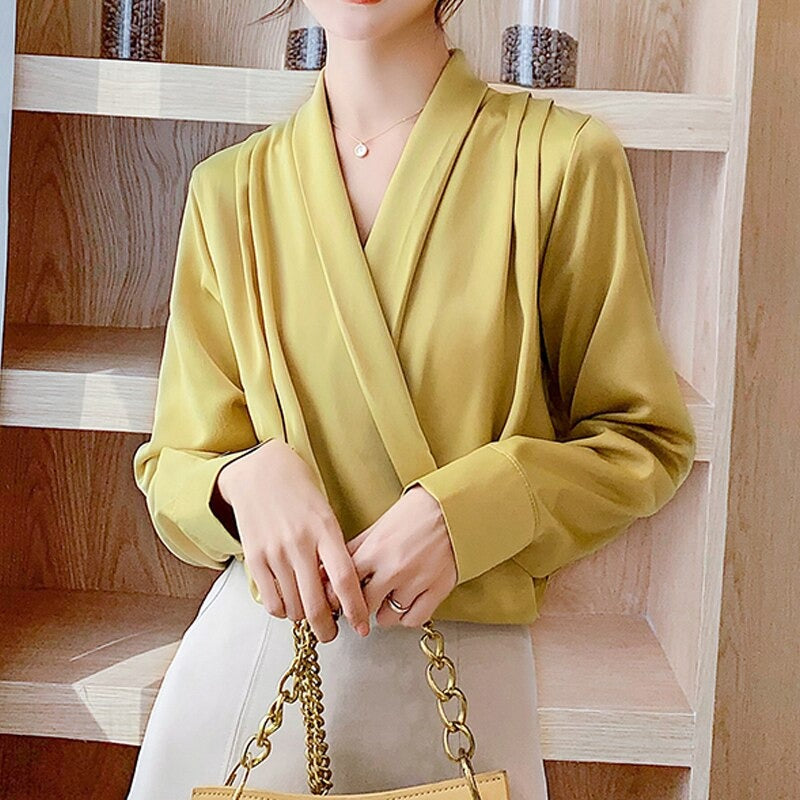 Coco Wrap in Divine Satin Pleated Front Blouse Yellow / S
