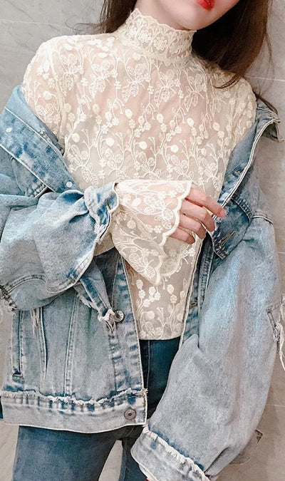 Feel the bloom Floral Mock Neck Sheer Lace Top