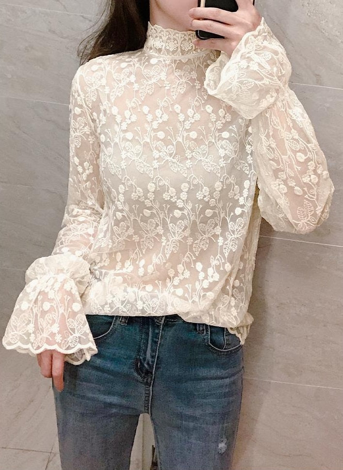 Feel the bloom Floral Mock Neck Sheer Lace Top