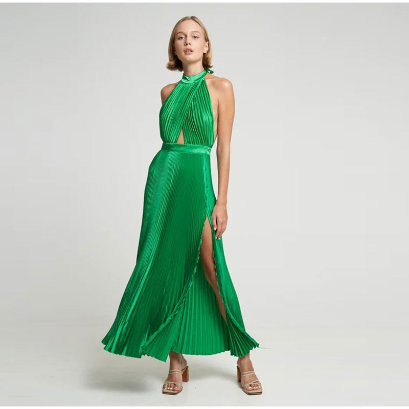 Thought of you Satin Pleated Halter Midi Dress