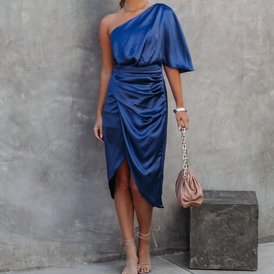 COCO Divine Draping One Shoulder Satin Front Wrap Dress