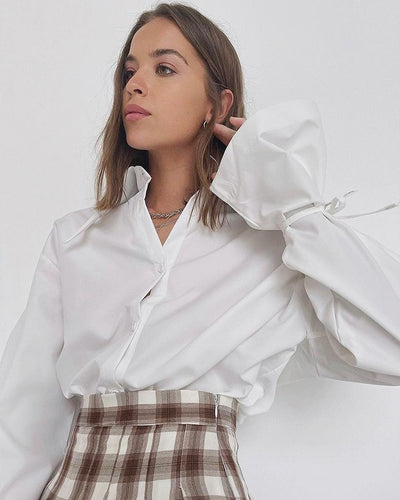 COCO Sophisticated Vibes Ribbon Cinched Sleeves White Blouse