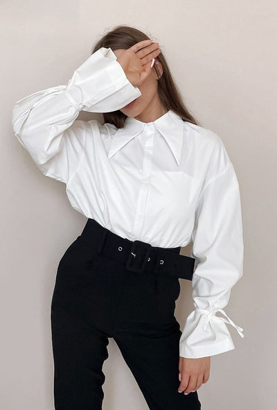 COCO Sophisticated Vibes Ribbon Cinched Sleeves White Blouse