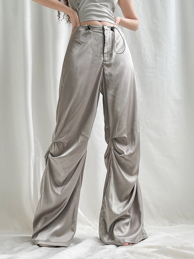 COCO Dreamy Satin Cinched Wide-Leg Metalic Pants