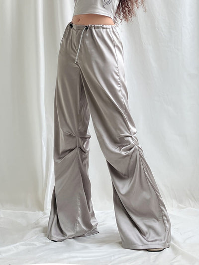 COCO Dreamy Satin Cinched Wide-Leg Metalic Pants